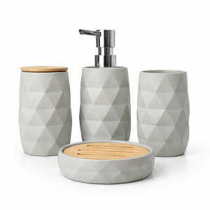 Geometric Matte Grey Bathroom Accessory Set with Bamboo Accents (4-Piece Set)