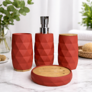 Luxury Geometric Ceramic Bathroom Accessory Set (4 Pieces) – Terracotta Red with Bamboo Finish