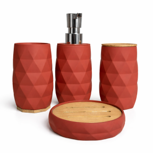 Luxury Geometric Ceramic Bathroom Accessory Set (4 Pieces) – Terracotta Red with Bamboo Finish