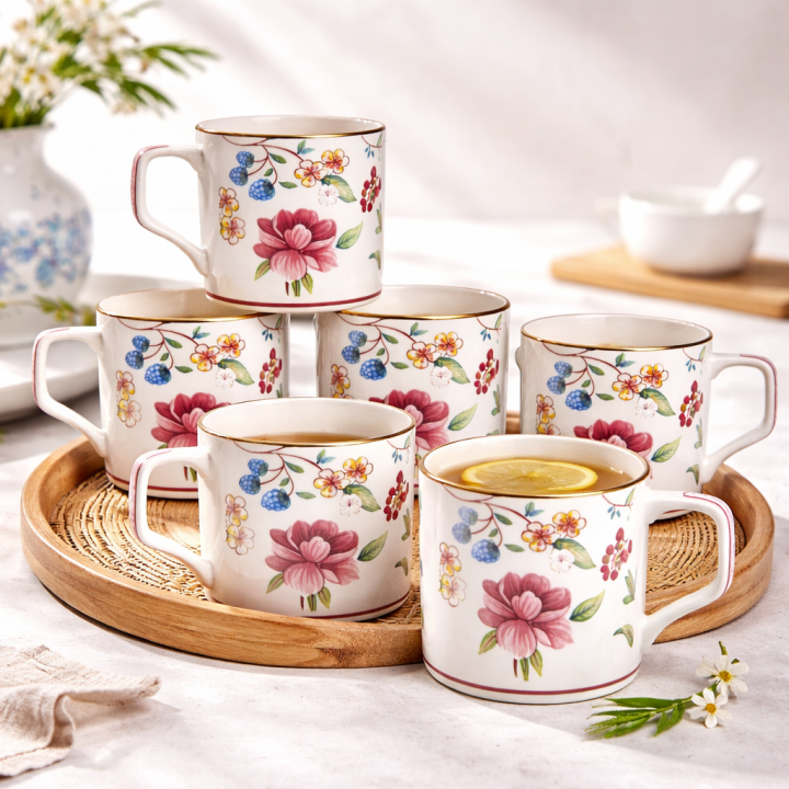 Premium Floral Ceramic Mug Set with Gold Rim (6-Piece Set)
