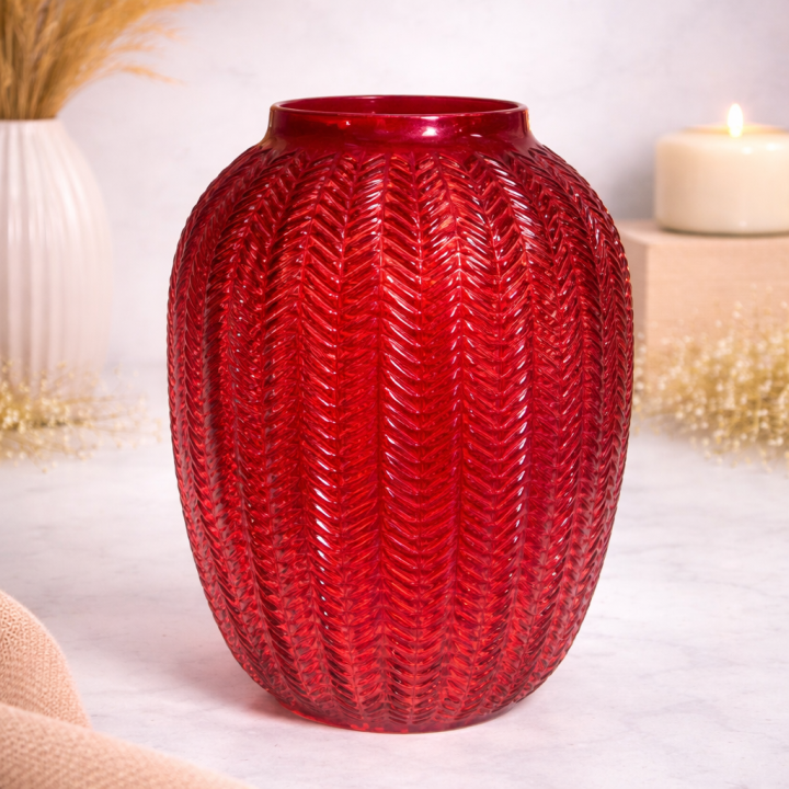 RubyLeaf Textured Glass Decorative Vase (Large)
